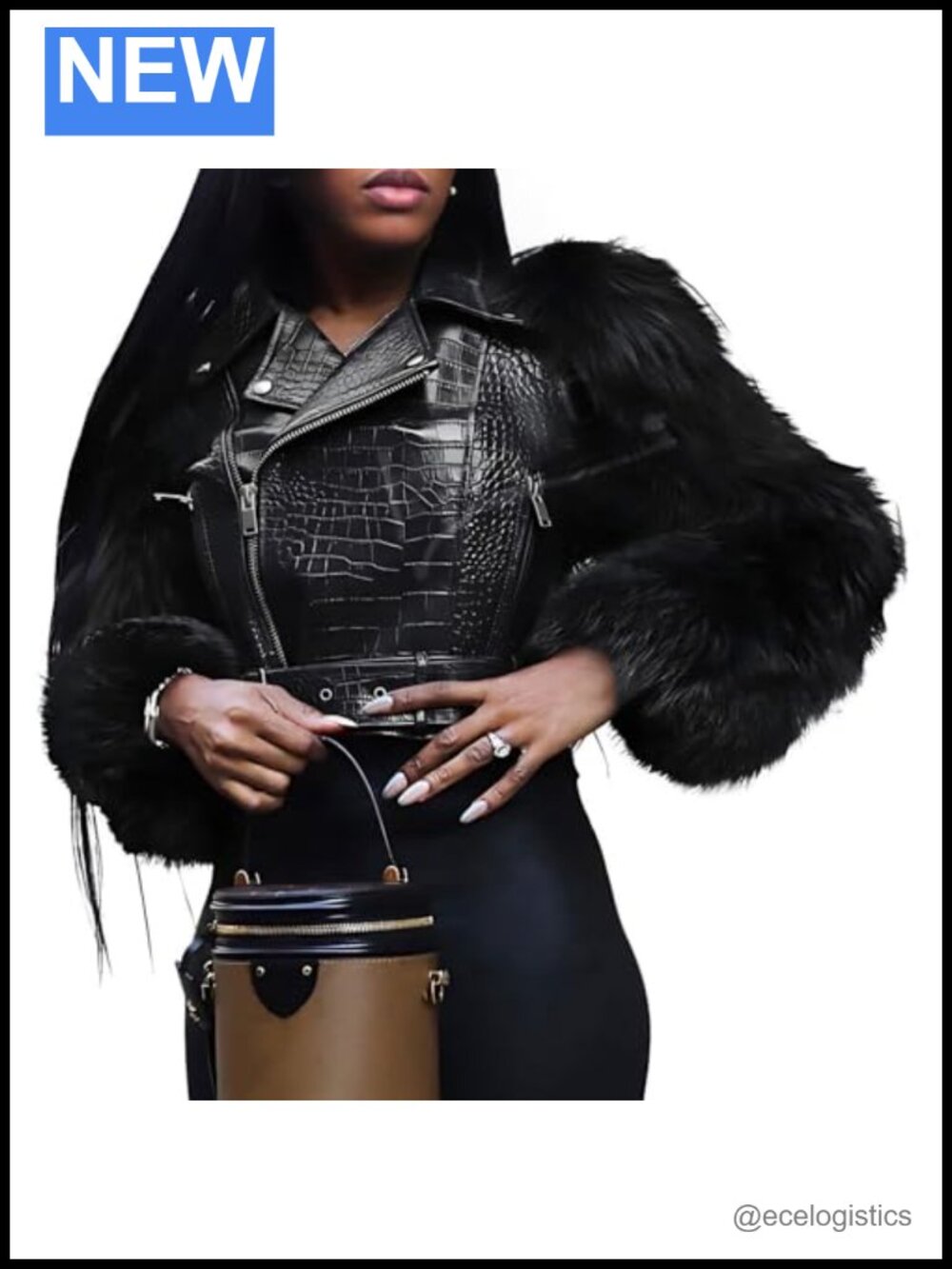 Cropped Faux Leather Moto Jacket with Faux Fur Sleeves Belted Asymmetrical Zip